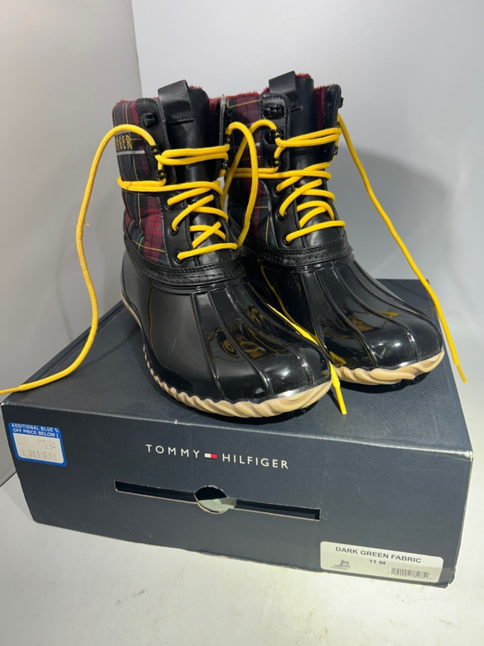 Tommy Hilfiger Duck rain Boots women’s 11M TEHESSA black with red green plaid